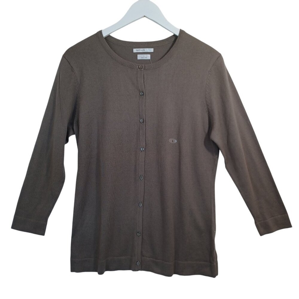 Van Heusen Studio Womens Taupe‎ Brown Cotton 3/4 Sleeve Cardigan Sweater L NEW